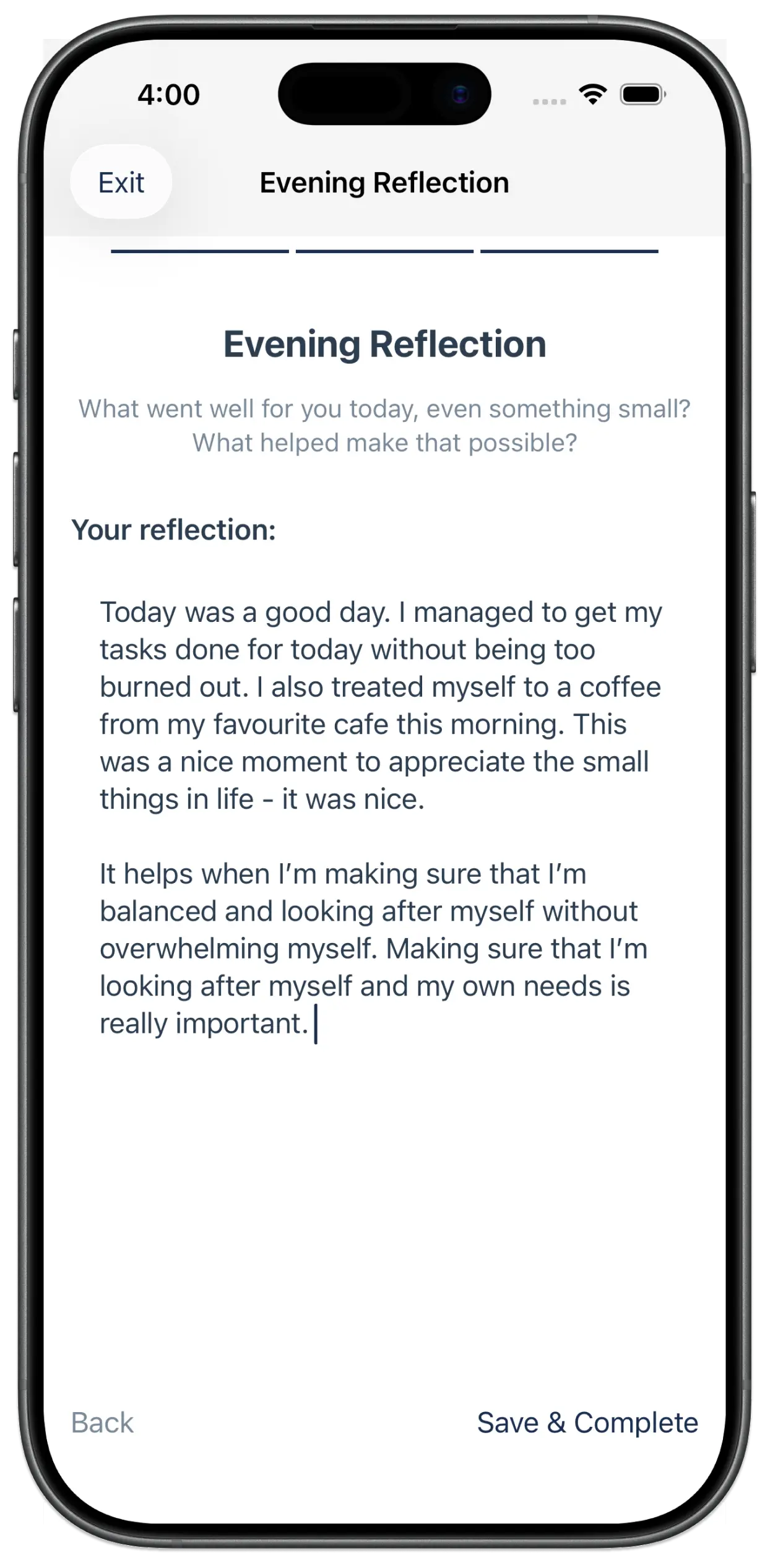 Alfred app - Evening Reflection screen